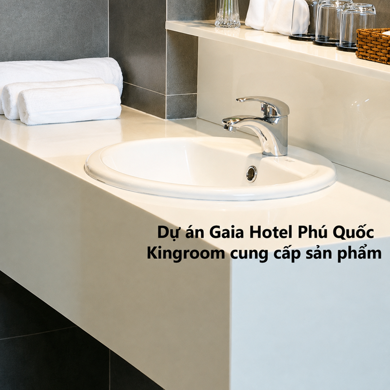 Lavabo và vòi nước trong phòng tắm Gaia Hotel Phú Quốc.