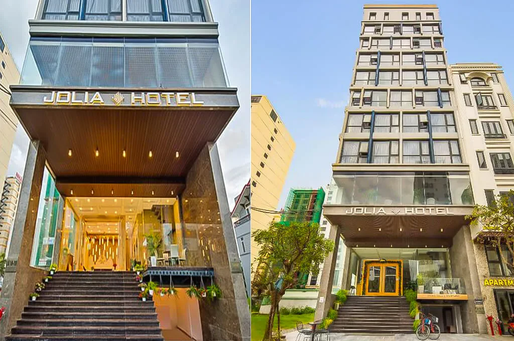 Mặt tiền Jolia Hotel Danang Beach Đà Nẵng với bảng tên khách sạn.