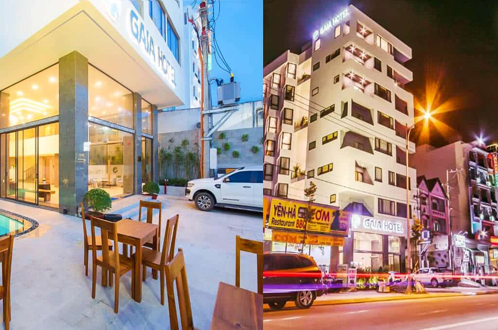 Mặt tiền khách sạn Gaia Hotel Phú Quốc với ánh đèn lung linh vào buổi tối.