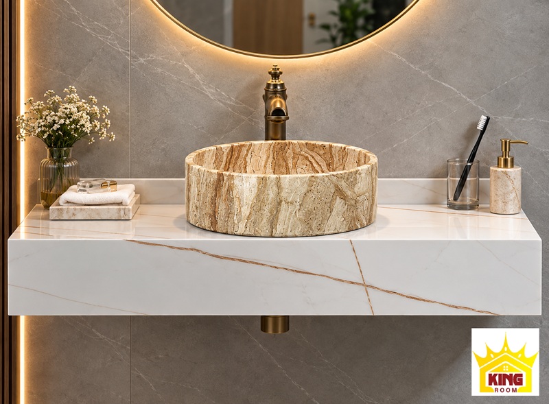 Chậu lavabo đá TVD20 trong ảnh phối cùng mặt bàn và vòi.