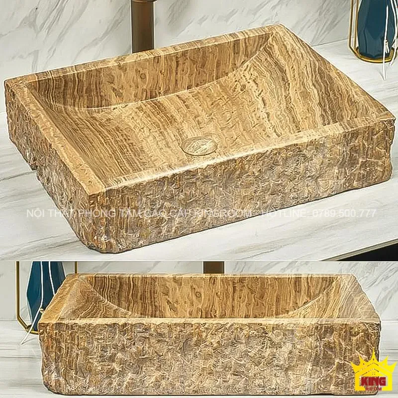 chậu đá tự nhiên travertine chữ nhật tvg40 bên trong bóng mịn bên ngoài đá thô