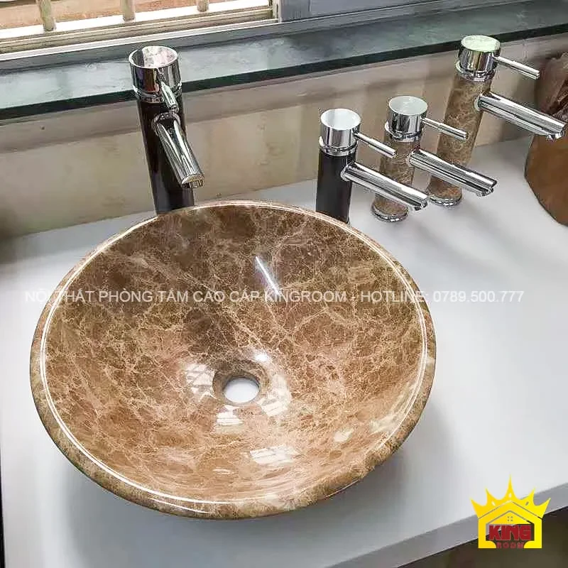 chậu đá tự nhiên travertine tròn tvq70 màu socola độc đáo