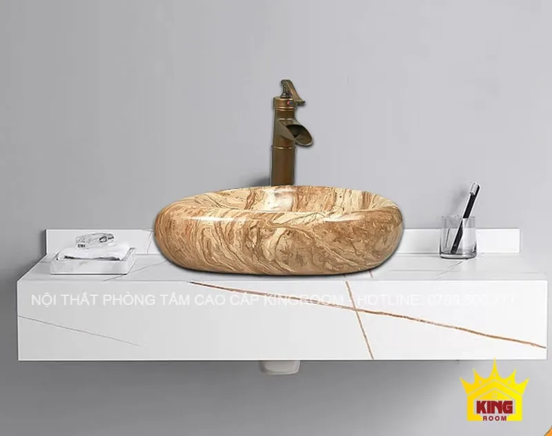 lavabo đá marble màu vân gỗ mg30 đặt trên bàn đá