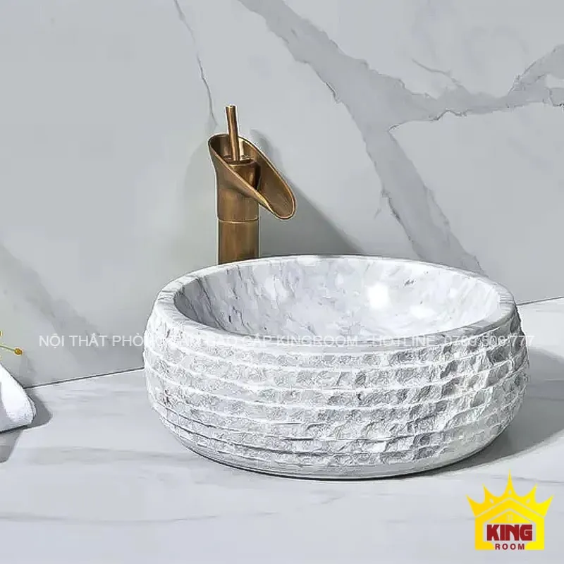 lavabo đá marble trắng vân mây md20 thiết kế tròn dày