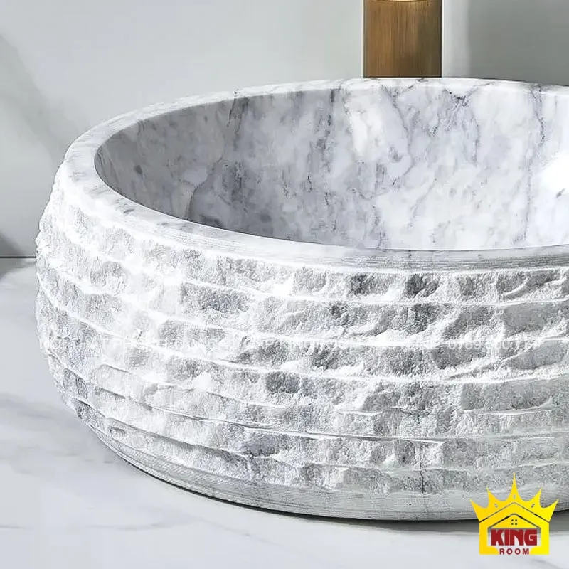 mặt ngoài thô của lavabo đá marble trắng vân mây md20