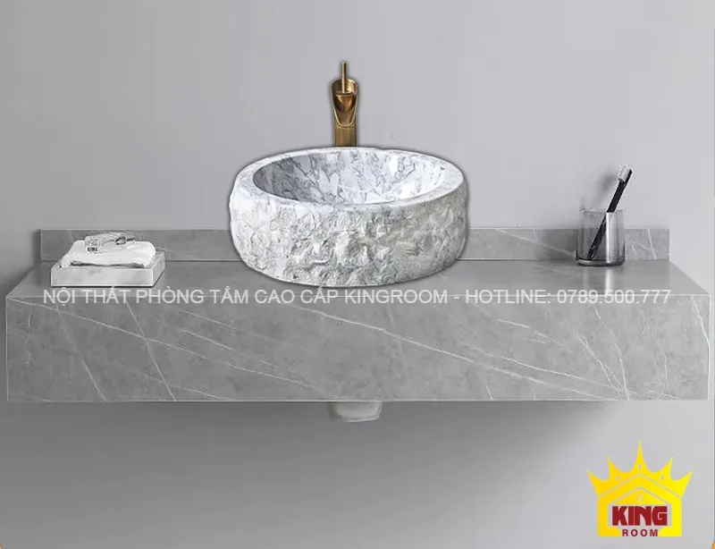 lavabo đá marble trắng vân mây mk10 đặt trên bàn đá