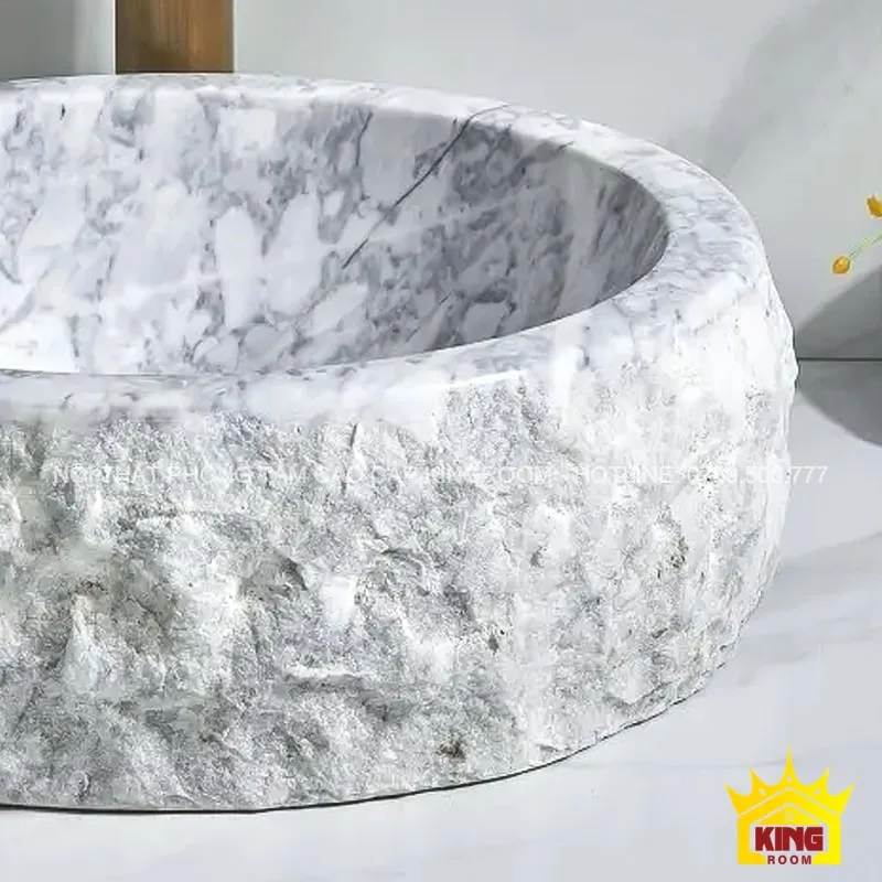 chi tiết bề mặt lavabo đá marble trắng vân mây mk10