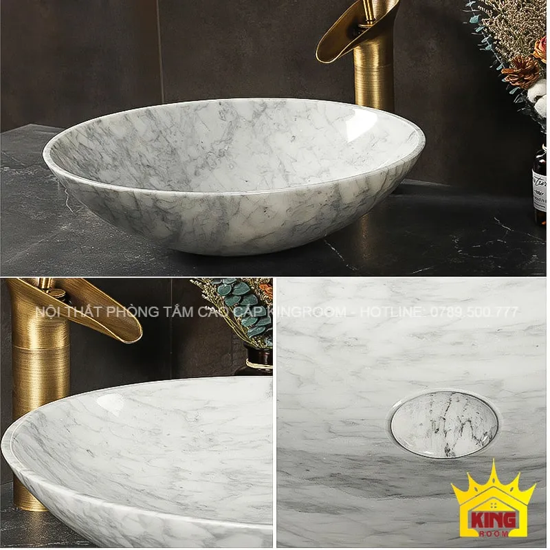 chậu lavabo đá marble trắng vân mây mb80 viền mỏng tinh tế