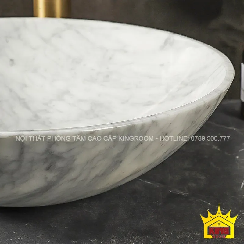 chậu lavabo đá marble trắng vân mây mb80 sáng bóng từ bên trong và ngoài