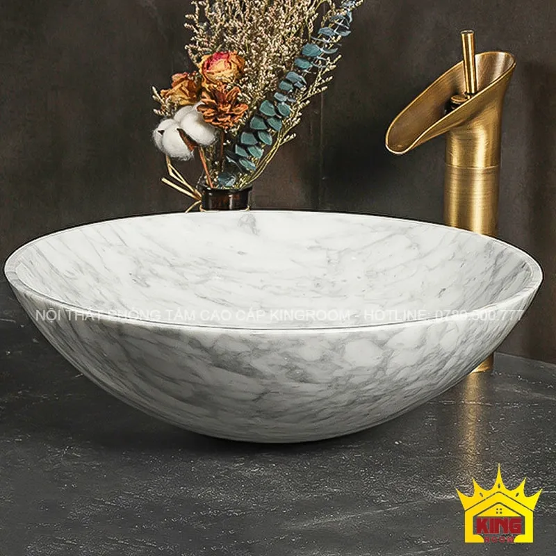 chậu lavabo đá marble trắng vân mây mb80 thiết kế sang trọng