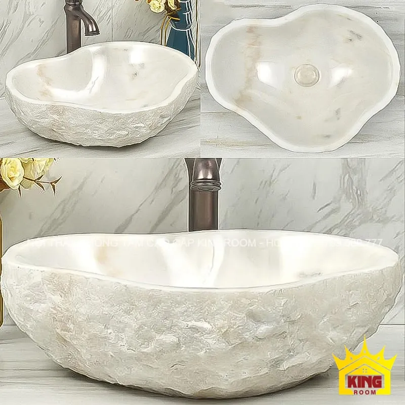 lavabo đá tự nhiên travertine dg102 thiết kế hình oval méo độc đáo