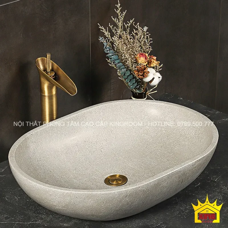 lavabo đá tự nhiên travertine ols30 màu xám nhạt độc nhất