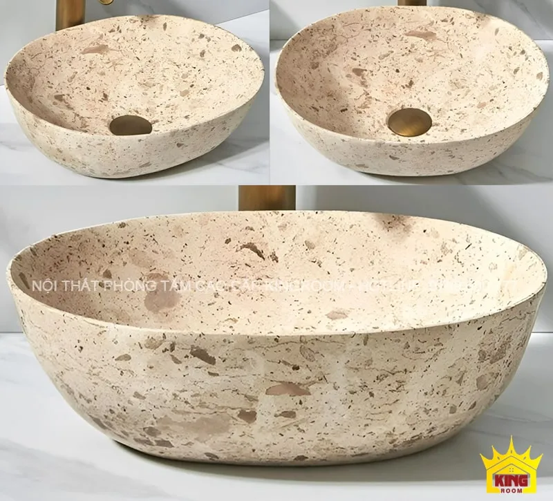 lavabo đá tự nhiên travertine xs12 màu be đan sen nâu nhạt độc đáo