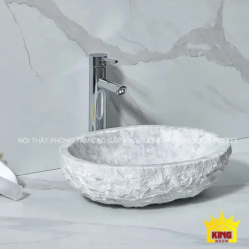 lavbao đá marble trắng vân mây oval nk056 thiết kế tinh tế