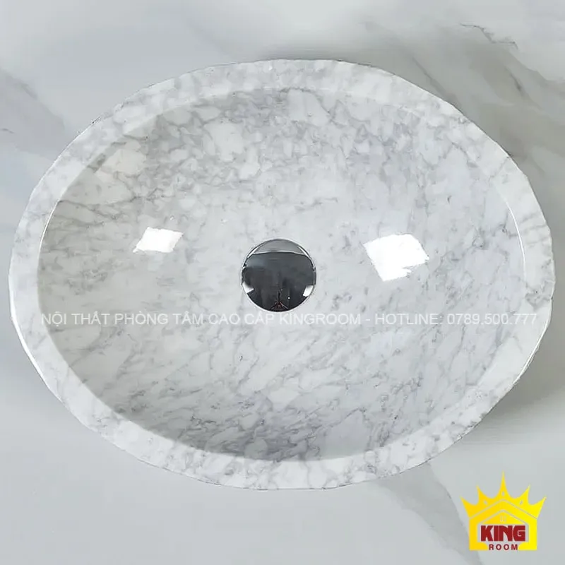 lavbao đá marble trắng vân mây oval nk056 bề mặt bóng gương