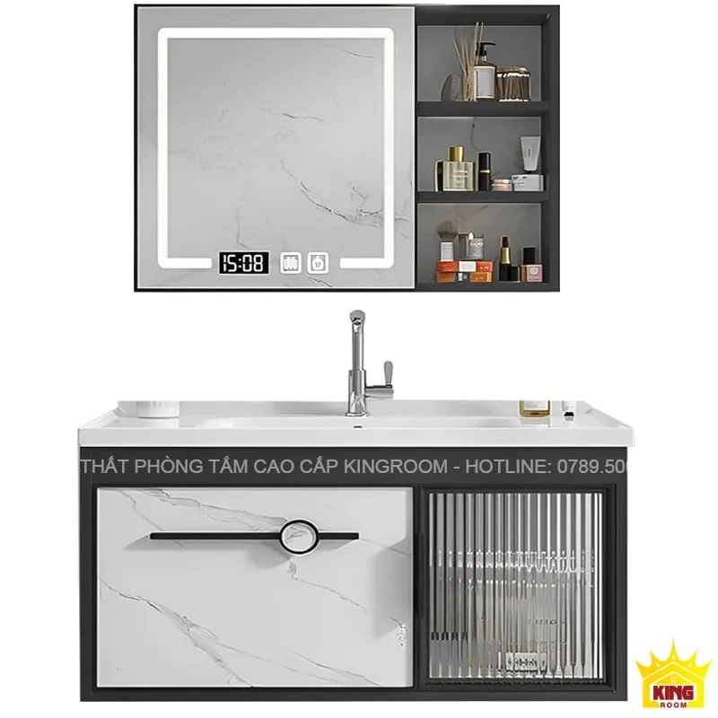 Tủ lavabo phòng tắm hiện đại với chất liệu inox 304, kèm tủ gương tích hợp đồng hồ số hiển thị thời gian.