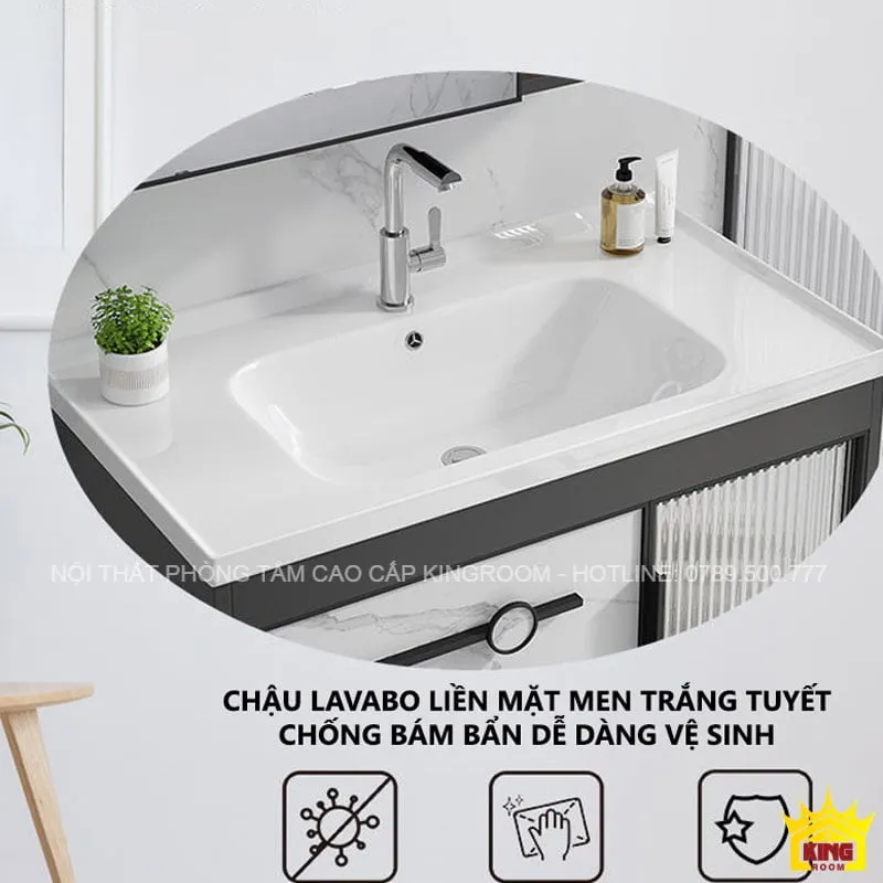 Chậu lavabo liền khối mặt men trắng tuyết của tủ lavabo Inox 304 BN3, dễ dàng vệ sinh và chống bám bẩn.