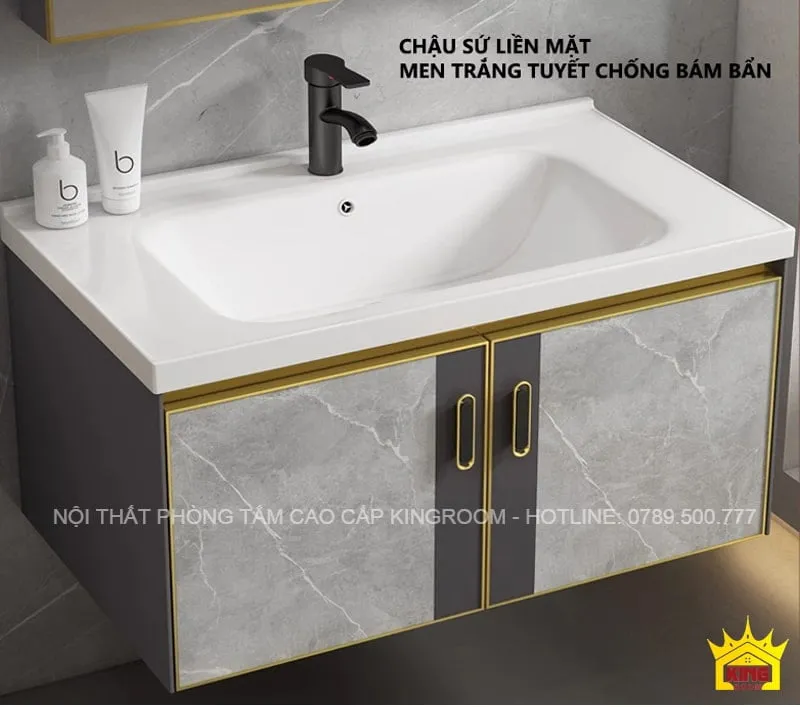 Chậu rửa liền mặt men trắng sáng bóng dễ lau chùi, lắp trên tủ lavabo inox 304 màu xám