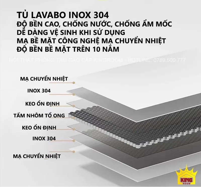 Cấu trúc lớp phủ inox 304 của tủ lavabo chống nước và ẩm mốc, công nghệ mạ chuyển nhiệt độ bền