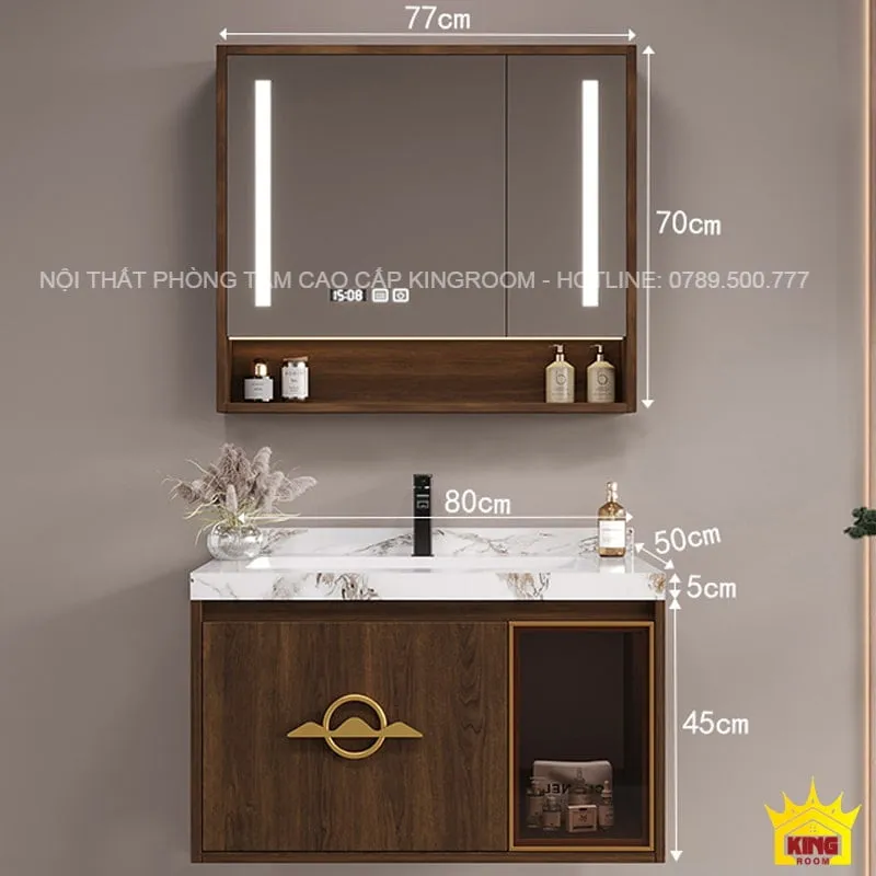 Tủ lavabo gỗ cao cấp màu nâu với kích thước chi tiết, bên cạnh gương LED thông minh và không gian chứa đồ tiện ích