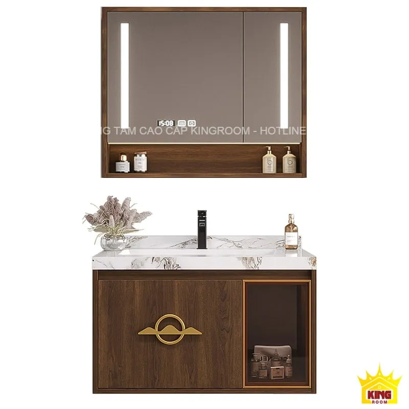 Tủ lavabo phòng tắm gỗ sang trọng kết hợp chậu rửa bằng inox 304 dưới gương có đèn chiếu sáng.