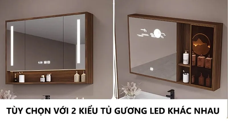 Lựa chọn hai kiểu tủ gương LED hiện đại cho phòng tắm, kết hợp với tủ lavabo inox 304