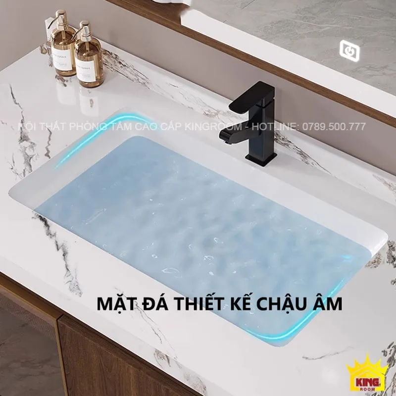 Chi tiết tủ lavabo cao cấp với mặt bàn đá thiết kế chậu âm, đường viền phát sáng độc đáo