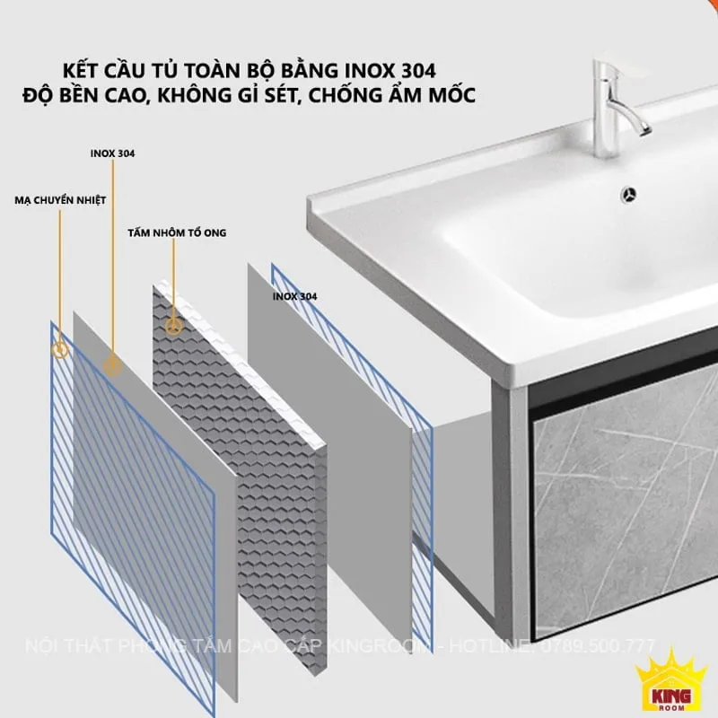 Kết cấu tủ lavabo inox 304 ST5 chống gỉ sét, chống ẩm mốc cao cấp