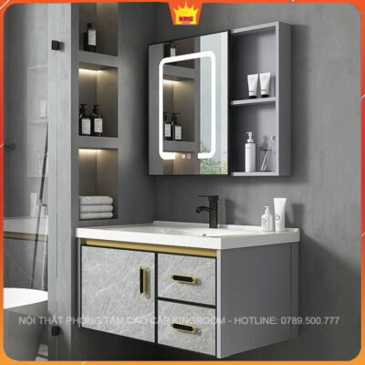 Không gian phòng tắm với tủ lavabo inox 304 ST5 và gương LED