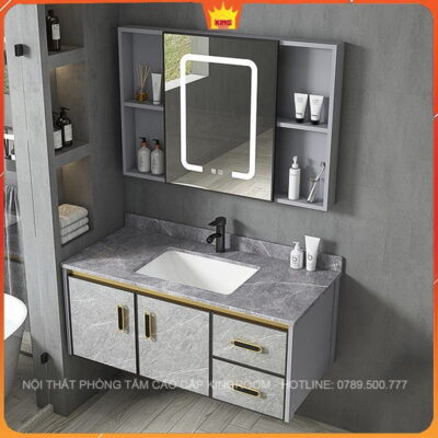 Tủ lavabo inox 304 ST5 thiết kế mặt đá mạ, bồn rửa chậu sứ