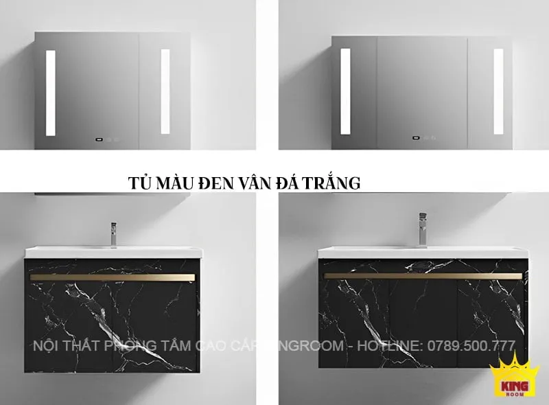 Tủ lavabo inox KH3 đen mạnh mẽ với vân đá trắng nổi bật cho không gian phòng tắm