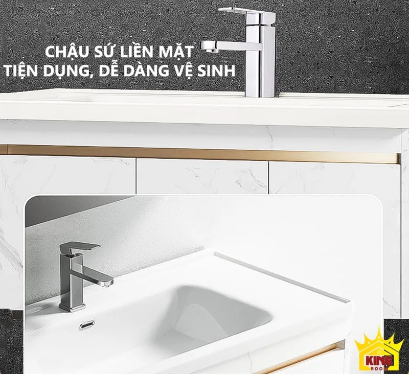 Chậu sứ liền mặt kèm vòi nước hiện đại trên tủ lavabo inox KH3 với thiết kế tiện dụng