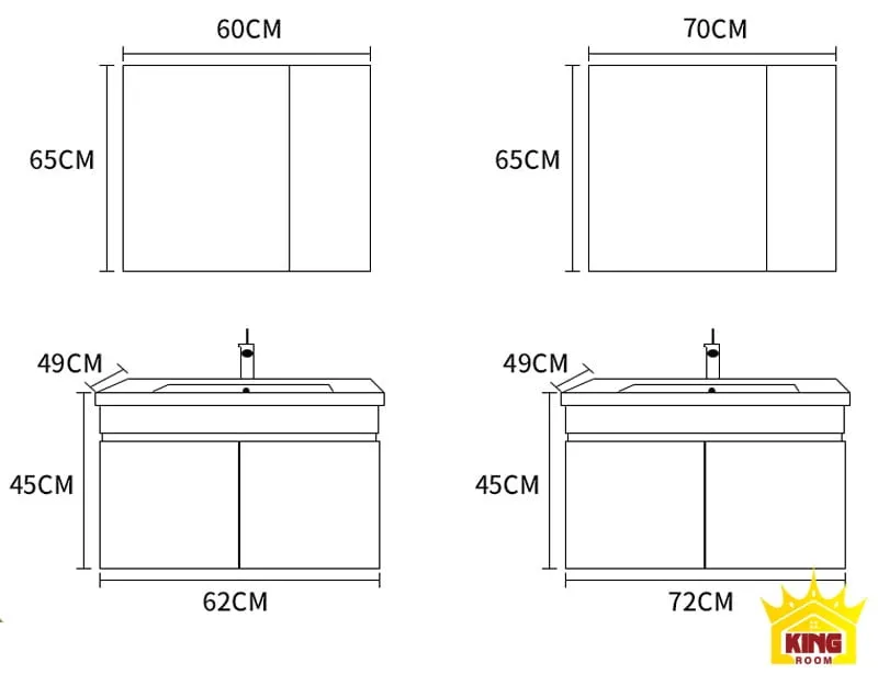 Bản vẽ kỹ thuật kích thước tủ lavabo inox KH3, mô tả chi tiết các thông số cho không gian phòng tắm