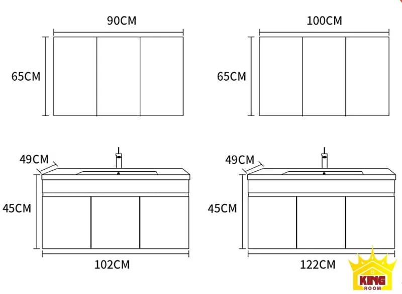 Bản vẽ kích thước lớn hơn của tủ lavabo inox KH3, thích hợp cho phòng tắm rộng