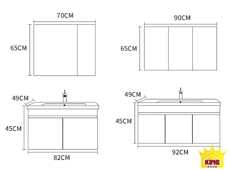 Bản vẽ mô tả các biến thể kích thước của tủ lavabo inox KH3, đa dạng cho mọi nhu cầu