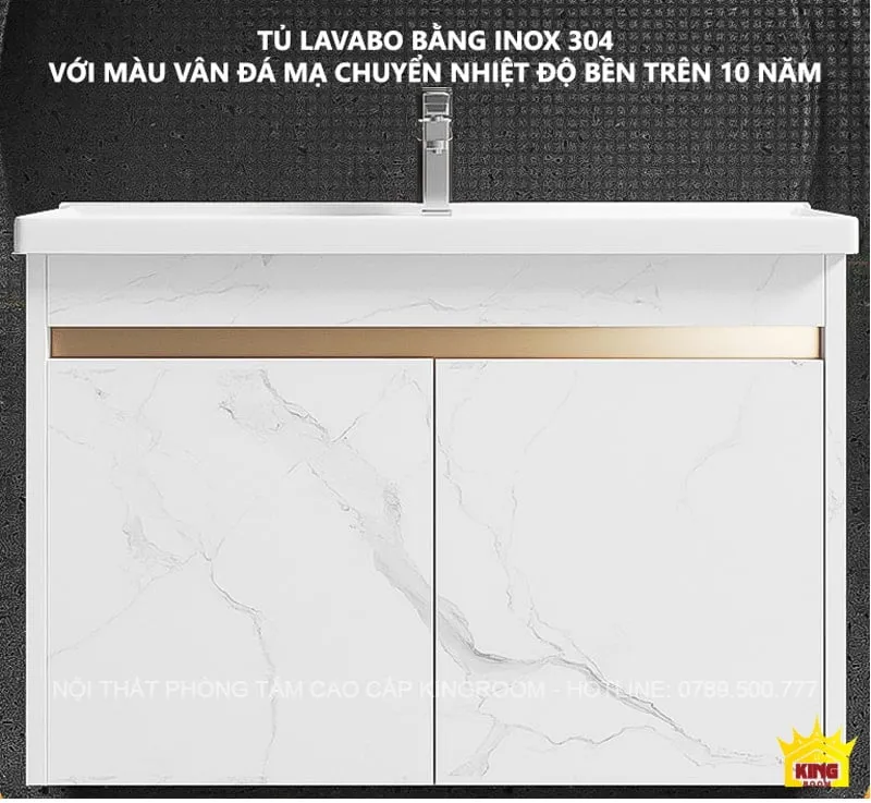 Tủ lavabo inox KH3 trắng với mặt màu đá marble, kết hợp hài hòa với nội thất phòng tắm