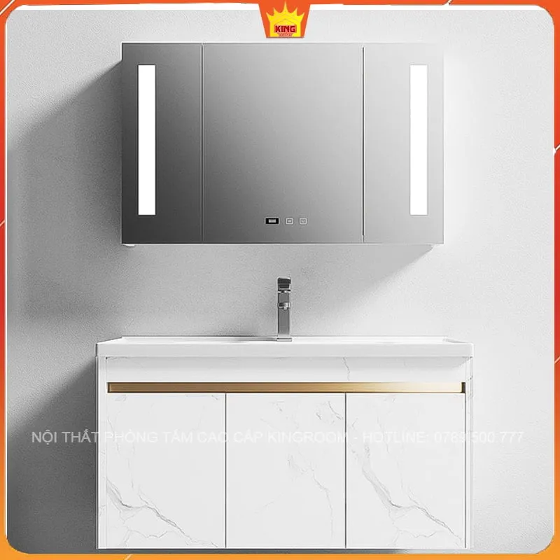 Thiết kế nội thất phòng tắm với tủ lavabo inox KH3 màu trắng, gương đèn LED thông minh