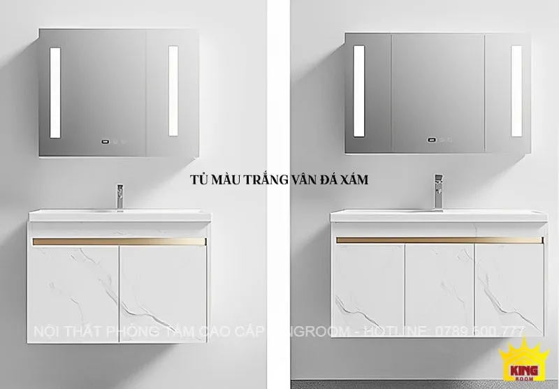 Tủ lavabo KH3 kết hợp gương chiếu sáng LED, màu vân đá marble trắng, và ngăn chứa rộng rãi