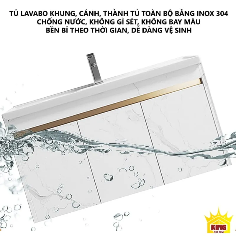 Chi tiết chất liệu inox 304 không gỉ của tủ lavabo KH3, đảm bảo độ bền và dễ dàng vệ sinh