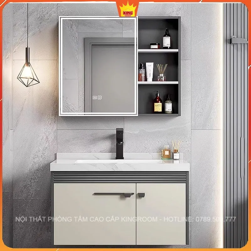 Tủ lavabo treo tường hiện đại mặt đá inox không gian phòng tắm