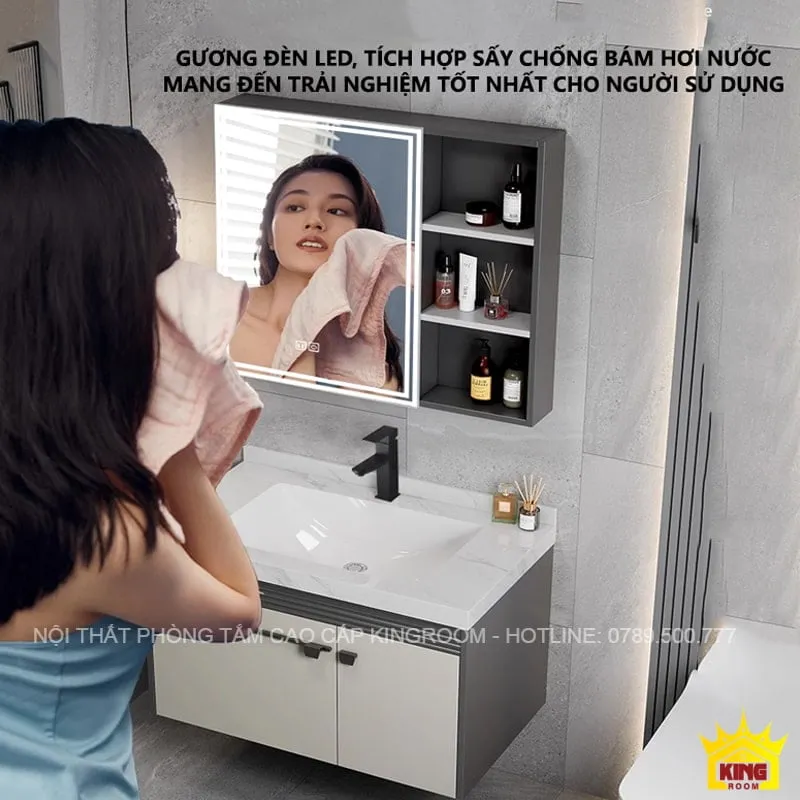 Gương đèn LED tiện lợi trên tủ lavabo mặt đá inox 304 DS5