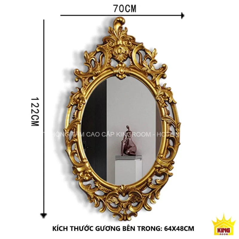 Gương Cổ Điển D101 mạ vàng, kích thước tổng thể 70x122cm, kích thước gương bên trong 64x48cm, với hoa văn cầu kỳ.