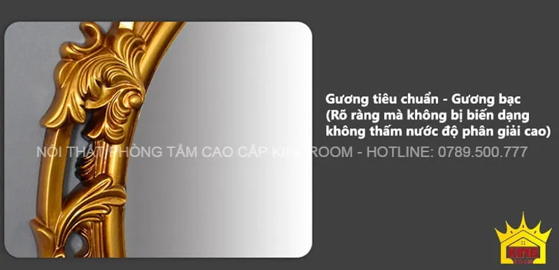 Phần viền chi tiết của Gương Cổ Điển D101, màu vàng, với độ phản chiếu chuẩn và không biến dạng