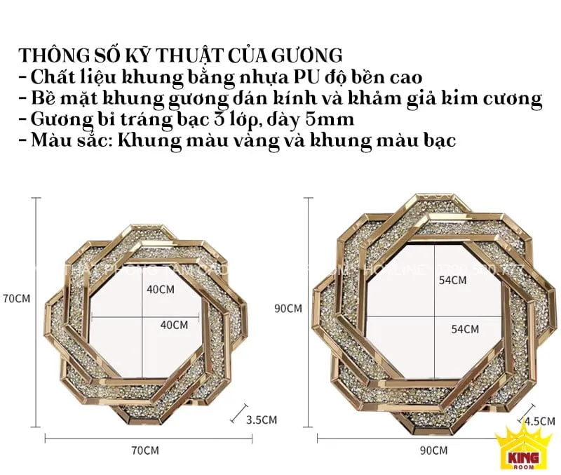 Thông số kỹ thuật của Gương Đẹp Cổ Điển KH01 với khung vàng và bạc