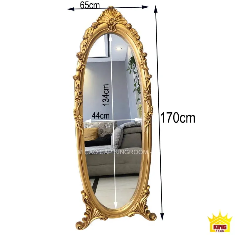 Gương Tân Cổ Điển màu vàng AS10 với kích thước 170cm cao và 65cm rộng, chi tiết hoa văn nổi bật.