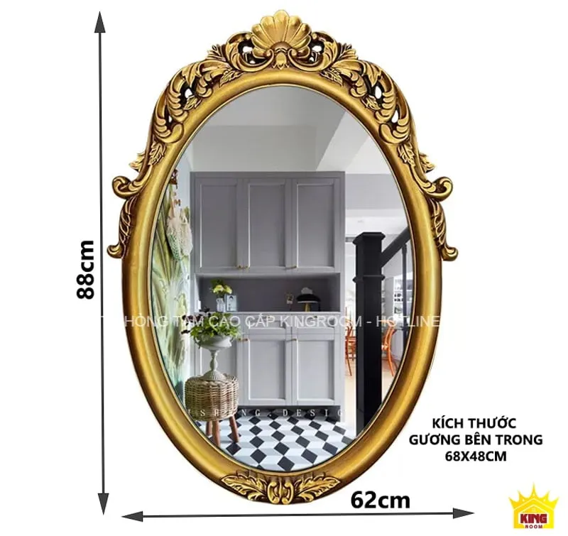 Gương Tân Cổ điển HM20 màu vàng, kích thước 88x62 cm, phản chiếu không gian nội thất hiện đại