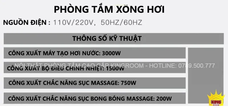 Thông số kỹ thuật phòng tắm xông hơi K80 bao gồm công suất và nguồn điện