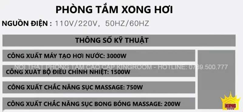 Thông số kỹ thuật phòng tắm xông hơi KN60 với công suất máy tạo hơi nước và bộ điều chỉnh nhiệt