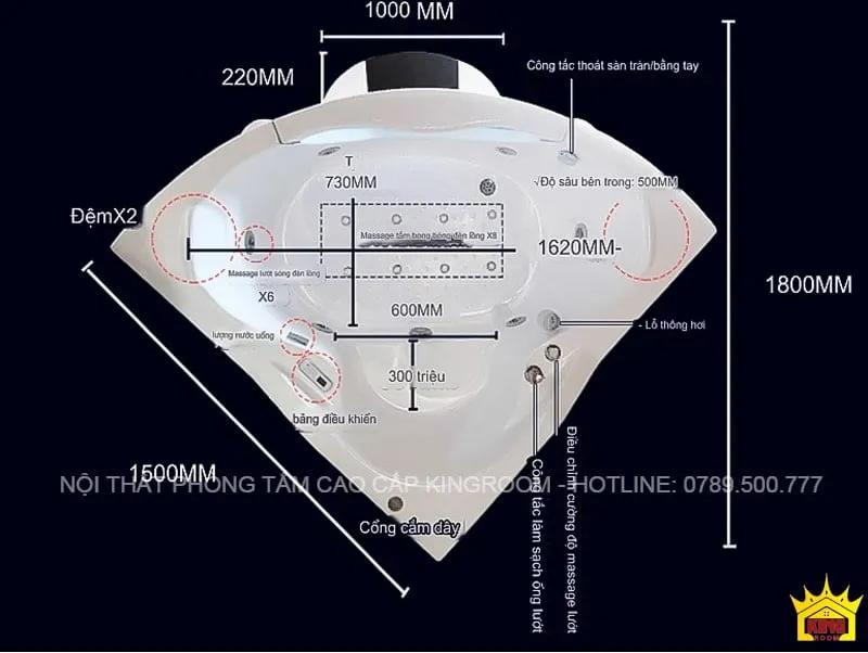 Bản vẽ kỹ thuật từ trên xuống của Phòng Xông Hơi Ướt SC30, chi tiết các kích thước và tính năng massage