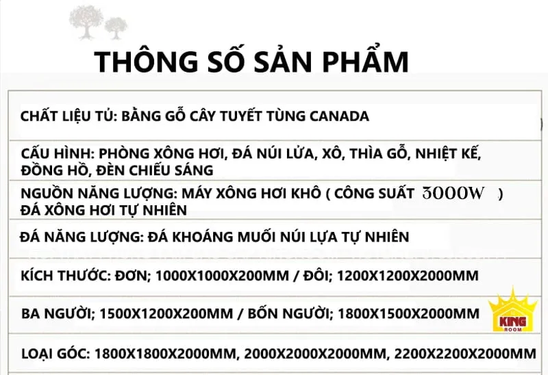 Thông số kỹ thuật của Phòng Xông Hơi Đá Muối MH2 với chi tiết chất liệu và kích thước